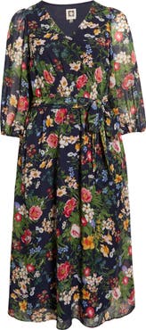 Anne Klein Floral Print Tie Waist Midi Dress