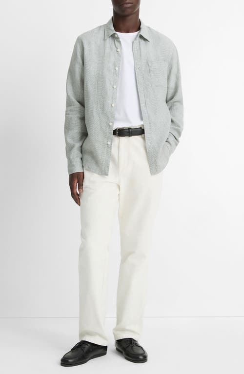Vince Houndstooth Classic Fit Linen Button-up Shirt In Broad Leaf/optic Whi