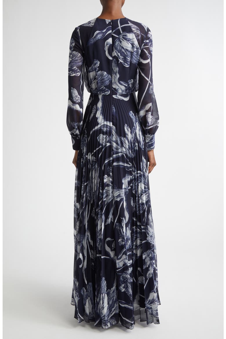 Botanical Engraving Pleated Long Sleeve Voile Gown, Alternate, color, BOTANICAL ENGRAVING MIDNIGHT