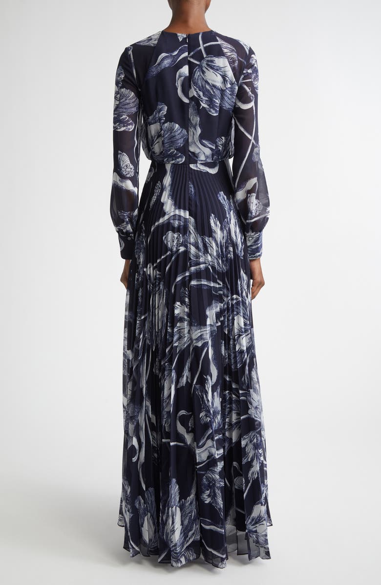 Erdem Botanical Engraving Pleated Long Sleeve Voile Gown, Alternate, color, Botanical Engraving Midnight