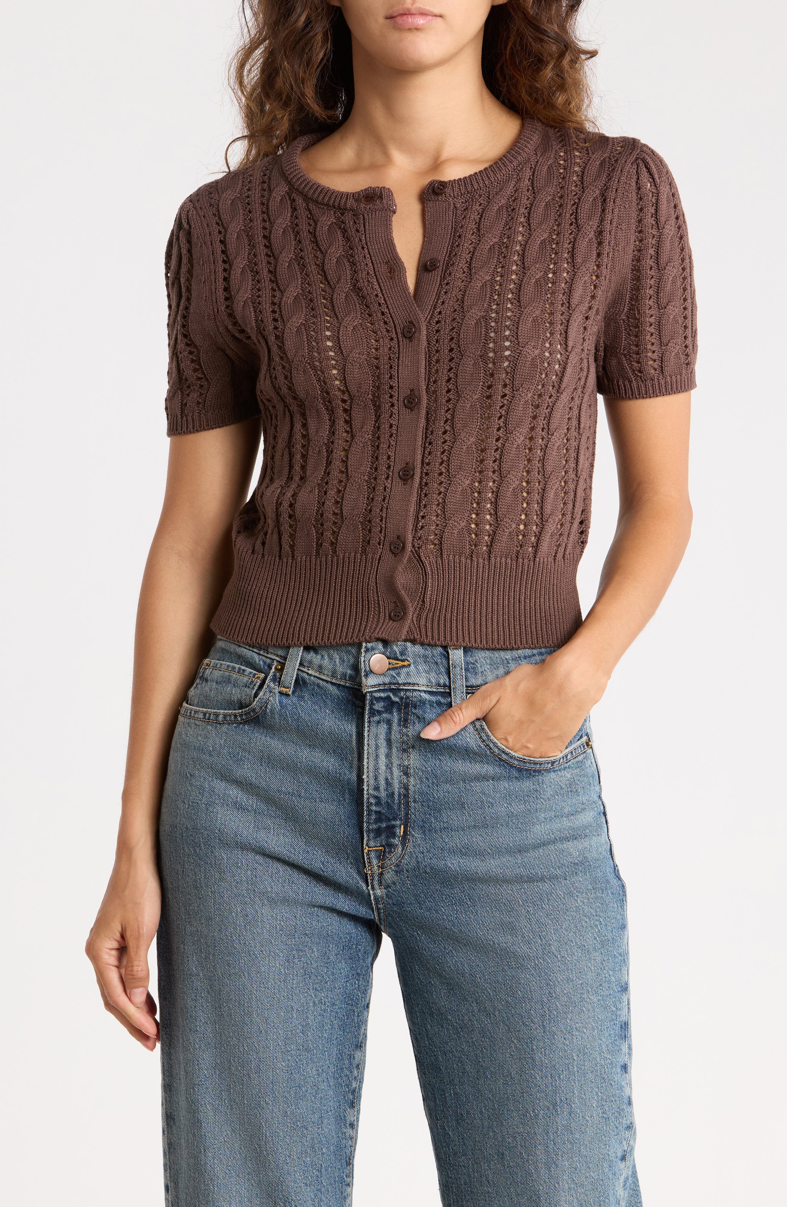 Crop Pointelle Short Sleeve Cardigan