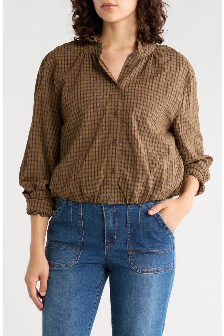 Ruffle Neck Bubble Top, Main, color, CARAMEL LATTE BLACK