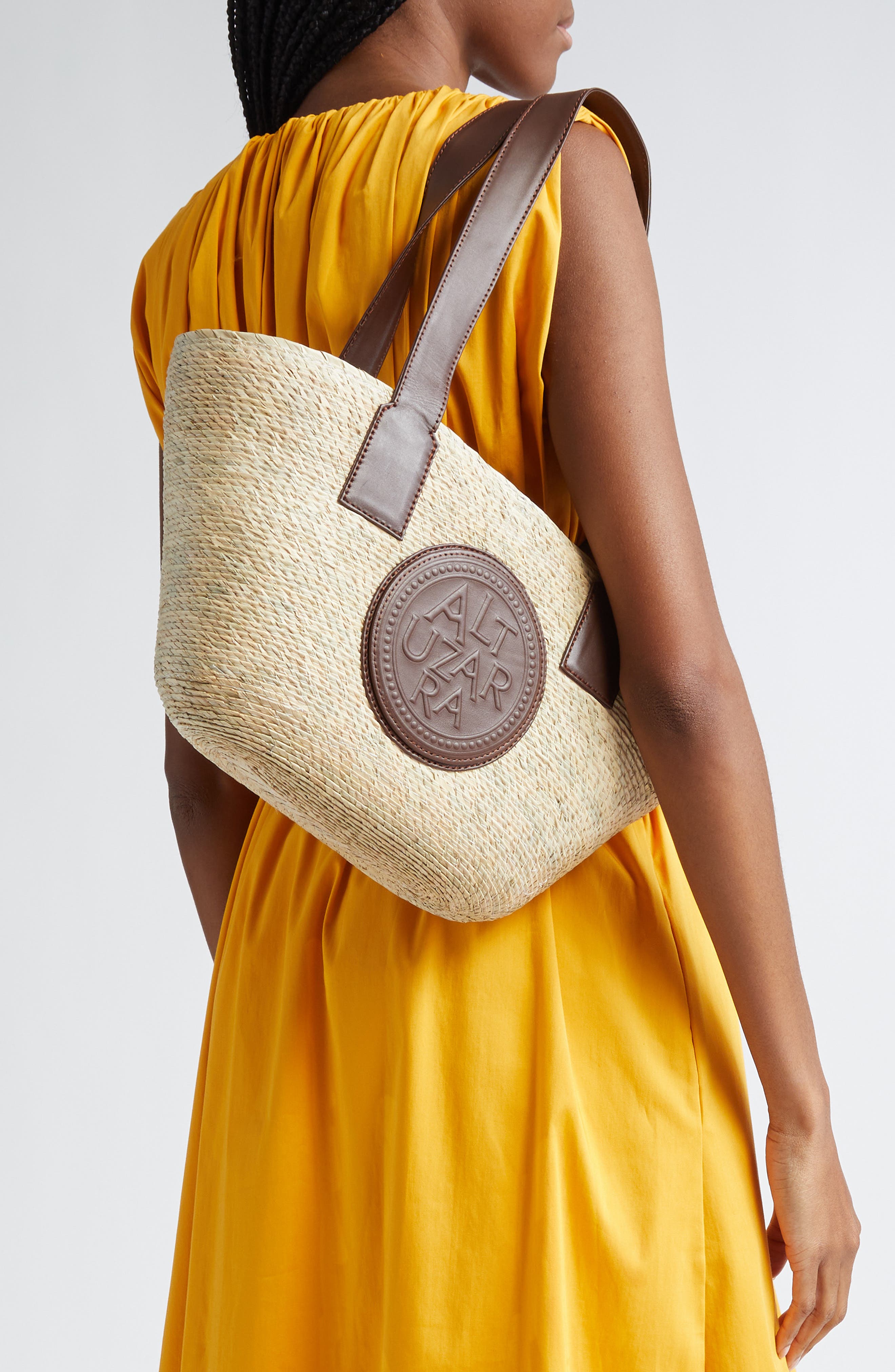 Altuzarra Small Watermill Straw 
Leather Tote, Alternate, color, Praline