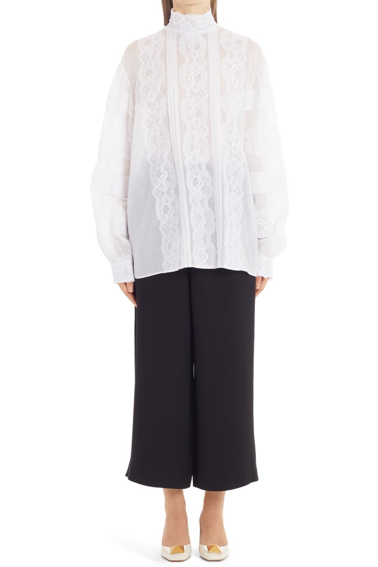 Valentino Lace Appliqué Cotton Blouse, Alternate, color, BIANCO 0BO