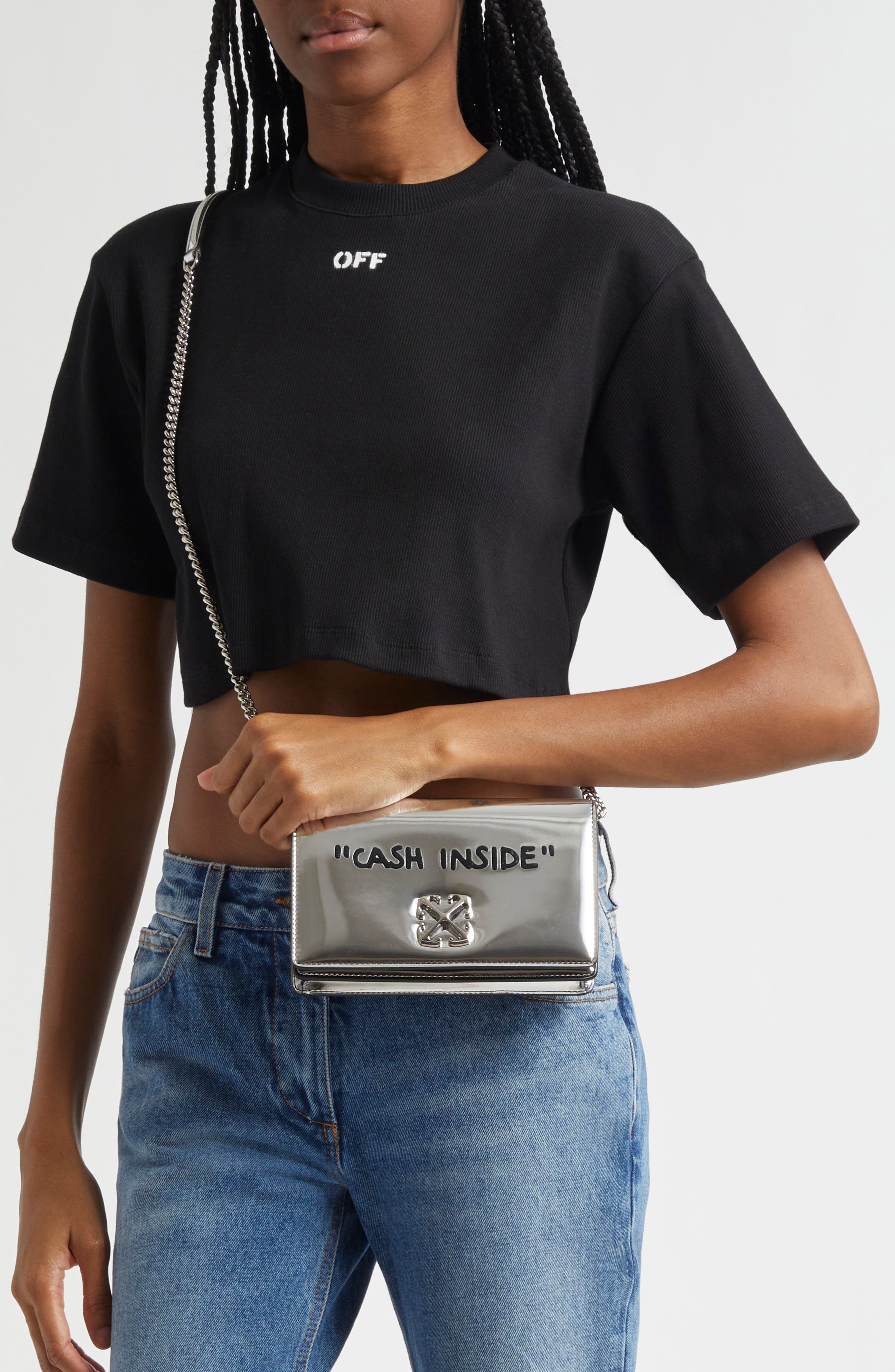 Off-White Jitney 0.5 Quote Faux Leather Shoulder Bag, Alternate, color, Silver - Black