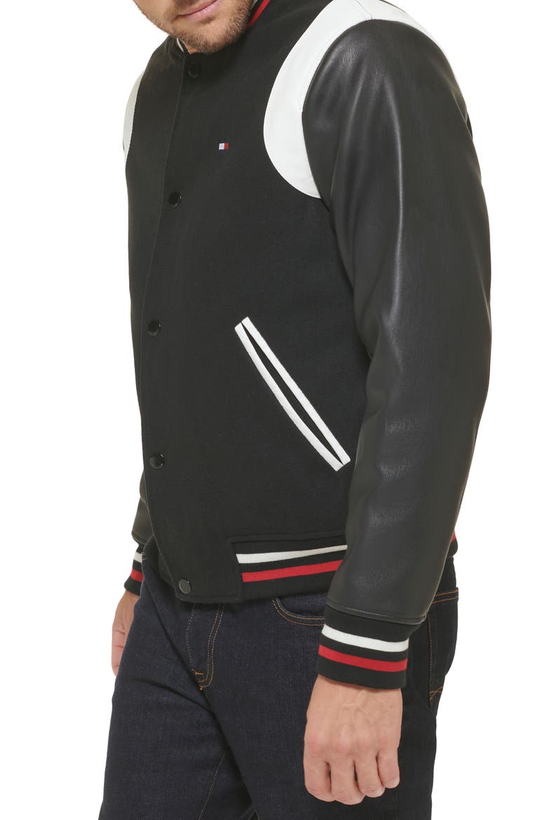 Faux Leather Letterman Varsity Jacket, Alternate, color, BLACK