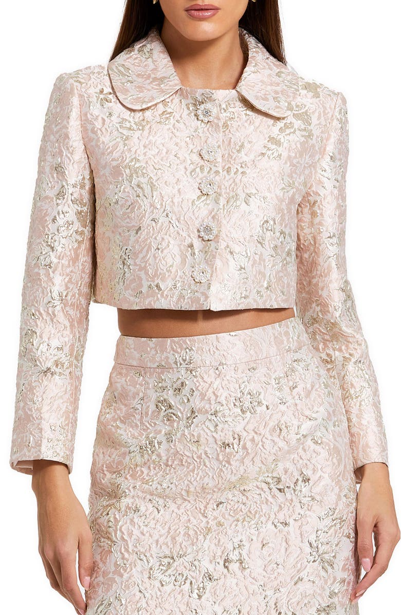 Mac Duggal Pearl Button Brocade Cropped Jacket, Main, color, Blush Multi