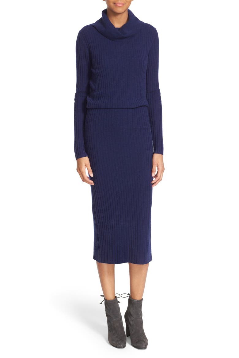 'Hailee' Cowl Neck Blouson Sweater Dress, Main, color, NAVY