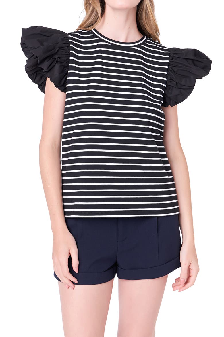Mixed Media Stripe Ruffle Sleeve Top, Alternate, color, BLACK/ WHITE