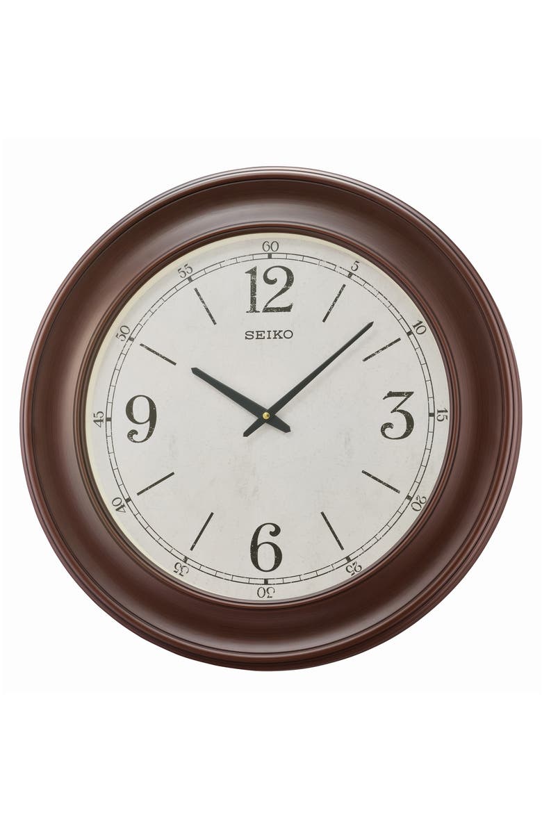 Seiko Noa Wide Frame Wall Clock, Main, color, Brown
