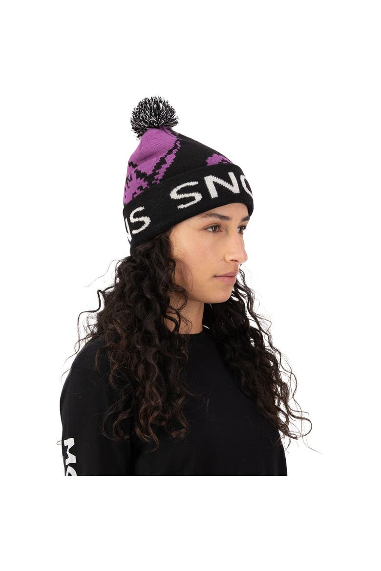 Mtn Pixel Merino Pom Pom Beanie, Alternate, color, Purple Bolt/Black