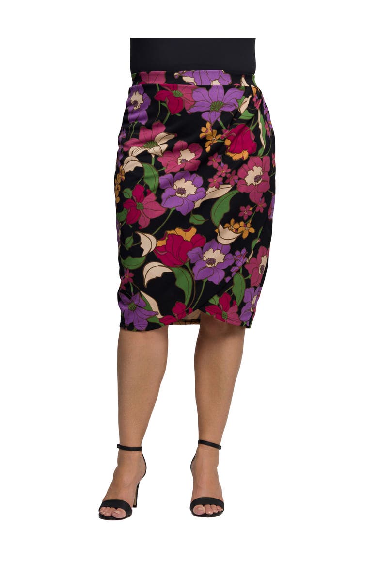 24seven Comfort Apparel Multi Floral Print Midi Pencil Skirt, Main, color, Black Multi