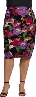 24seven Comfort Apparel Multi Floral Print Midi Pencil Skirt