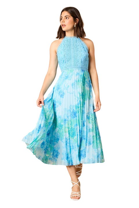 Printed Lace Mix Halterneck Midi Dress