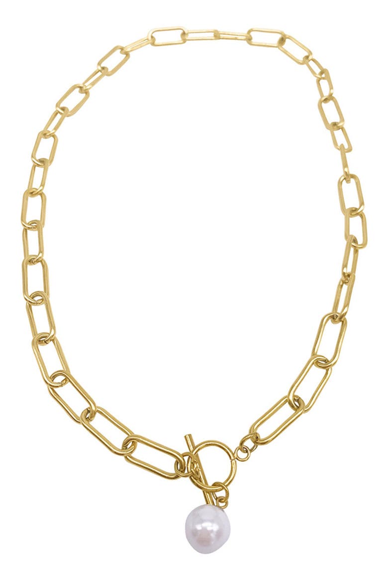 18K Gold Plated 7–8mm Freshwater Pearl Paper Clip Toggle Necklace, Main, color, WHITE