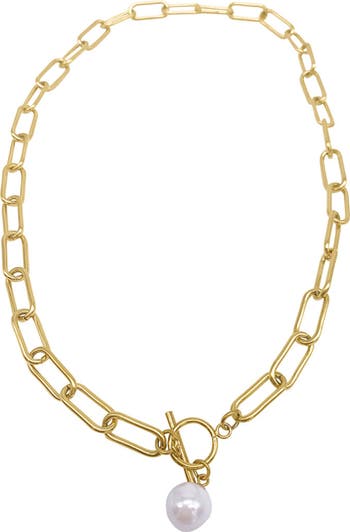 18K Gold Plated 7–8mm Freshwater Pearl Paper Clip Toggle Necklace