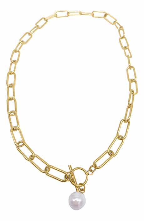 Adornia 18K Gold Plated 7–8mm Freshwater Pearl Paper Clip Toggle Necklace