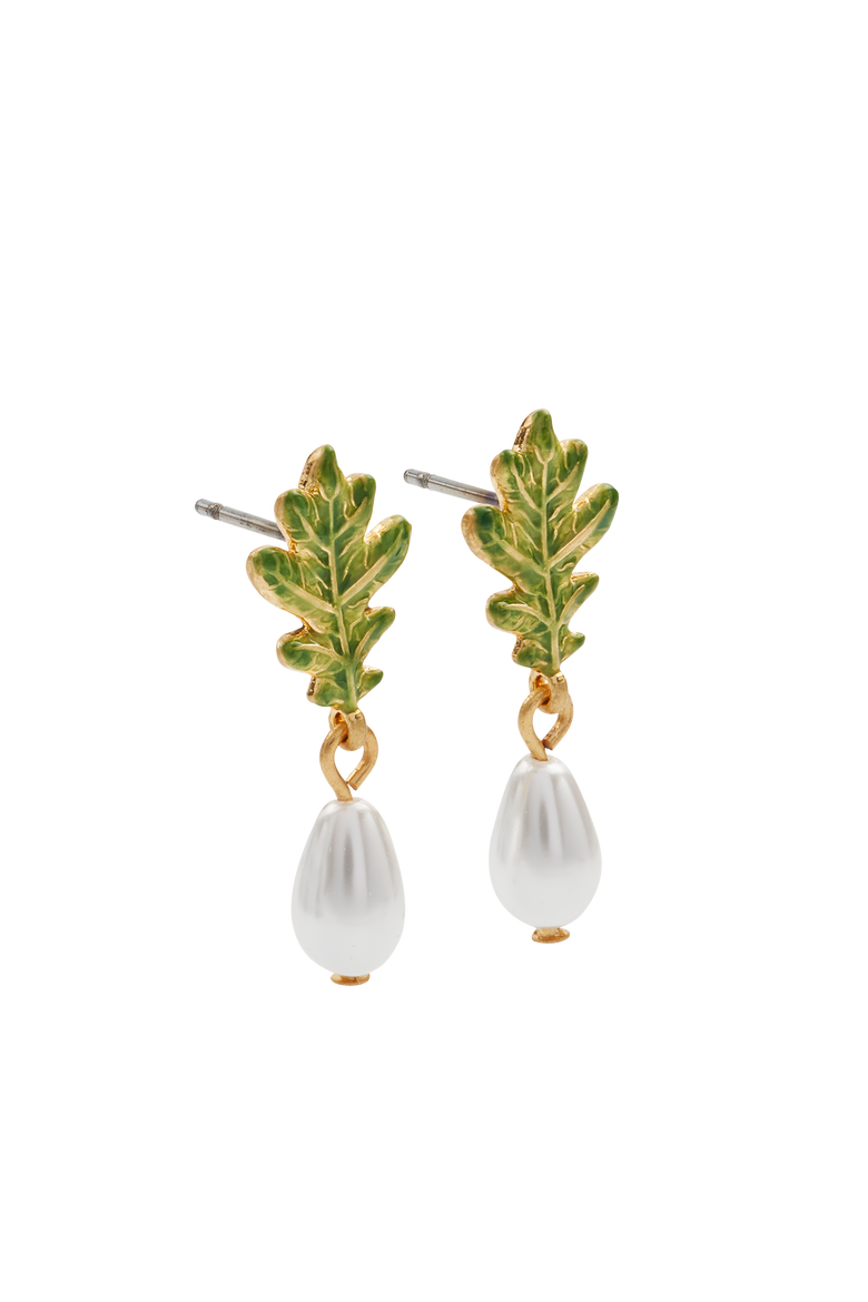 Oak Leaf Pearl Drop Gold Earrings, Alternate, color, Gold