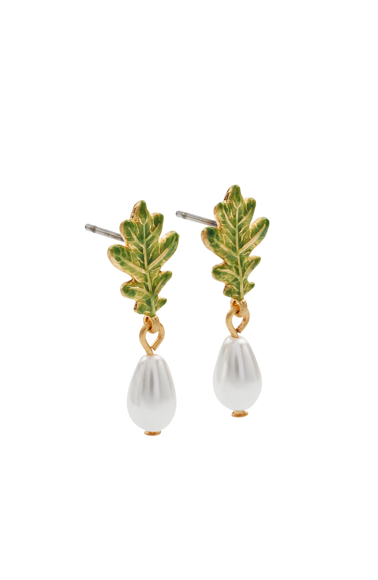 Fable England Oak Leaf Pearl Drop Gold Earrings, Alternate, color, Gold