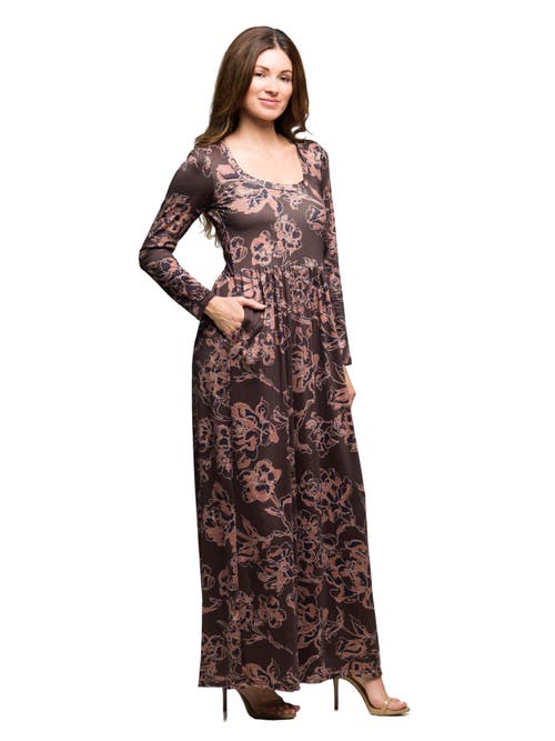 24seven Comfort Apparel Floral Long Sleeve Scoop Neck Maxi Dress In Brown