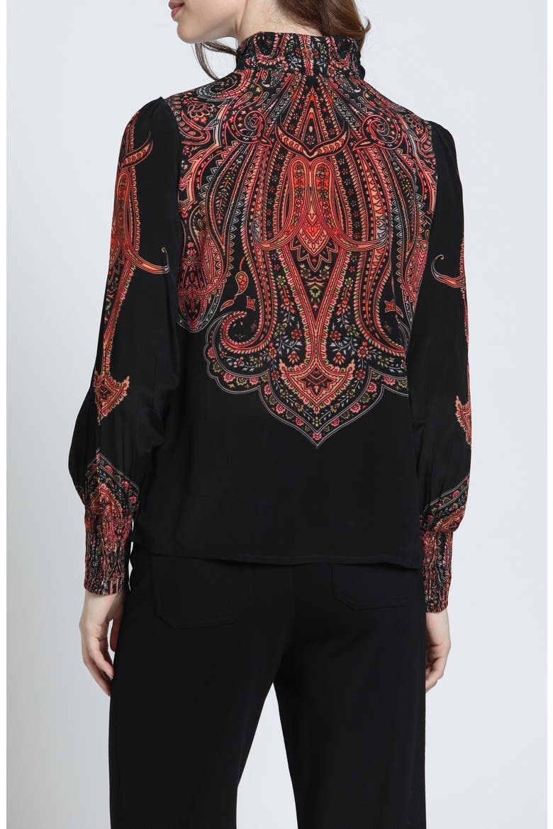 Print Smocked Cuff Long Sleeve Top, Alternate, color, CARBON/CORAL FLARE