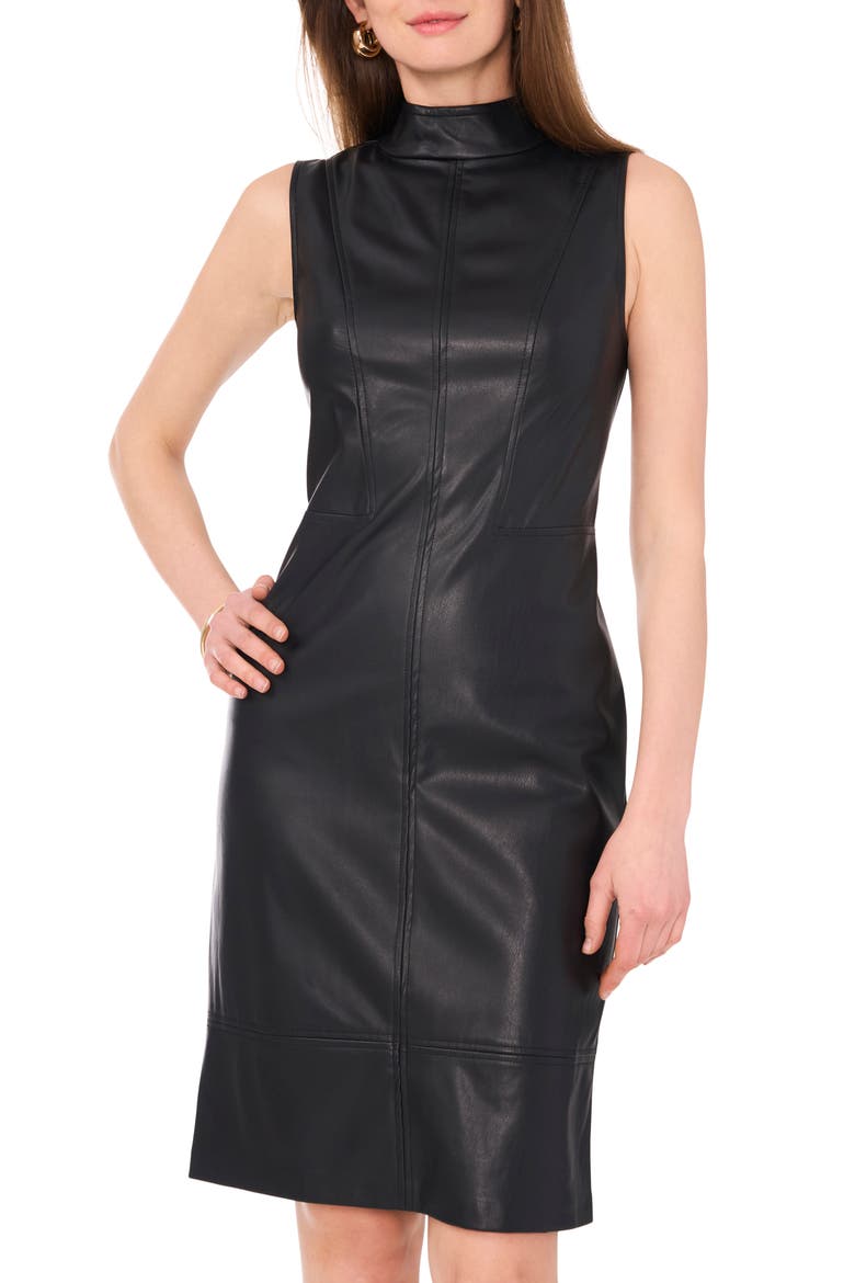 Mock Neck Sleeveless Faux Leather Dress, Alternate, color, RICH BLACK