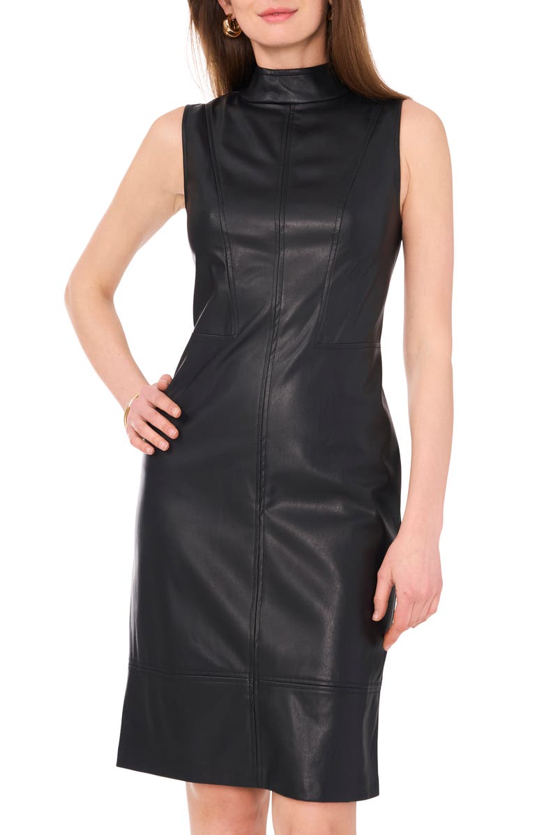 Vince Camuto Mock Neck Sleeveless Faux Leather Dress, Alternate, color, 