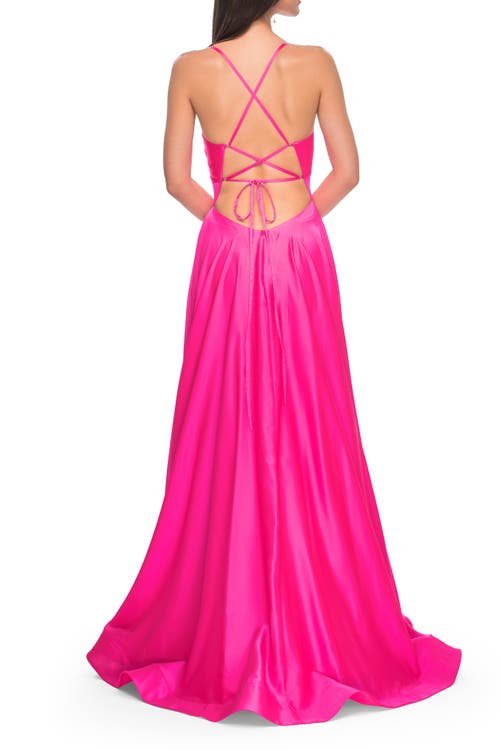 La Femme Satin A-line Gown With Cut Out And Twist Bodice In Neon Pink