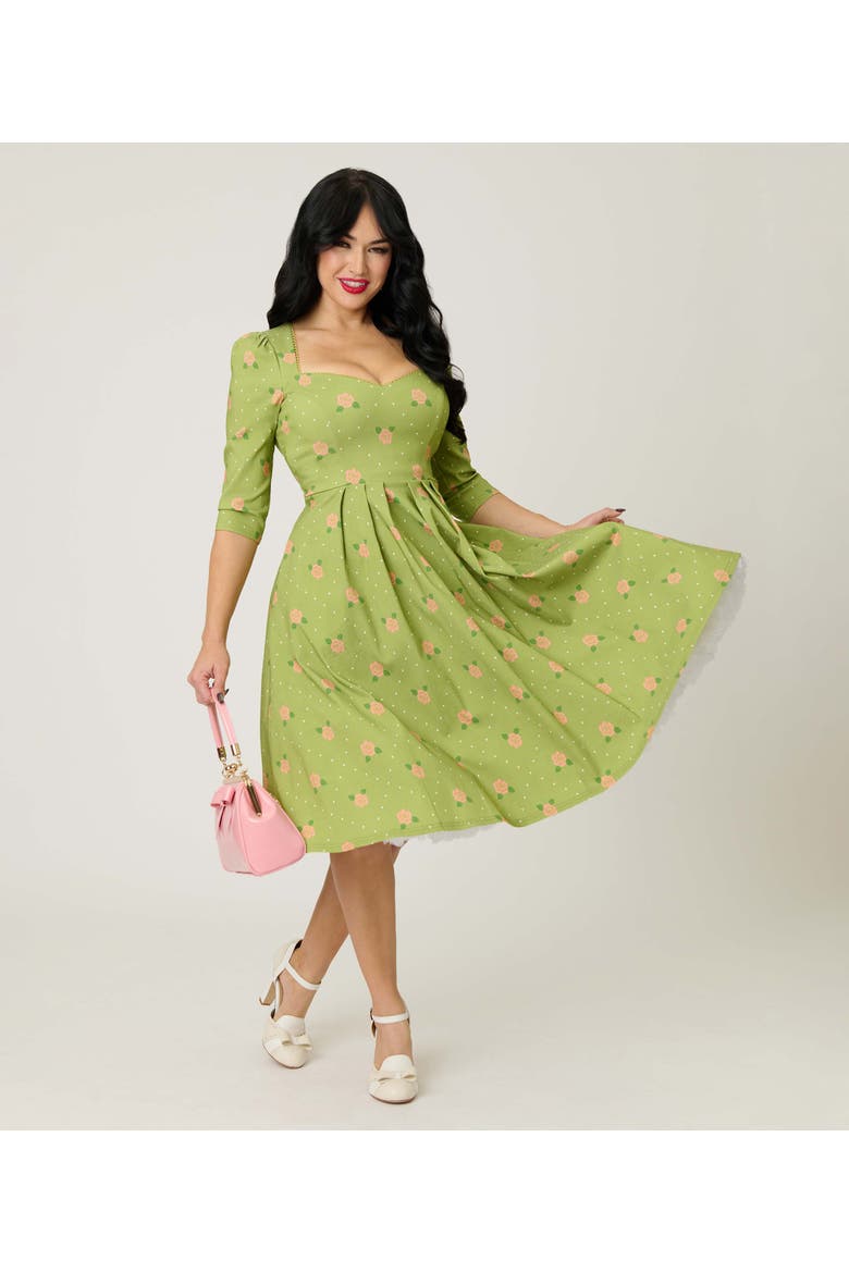 Sweetheart Swing Dress, Alternate, color, Chartreuse & Pink Rose Print