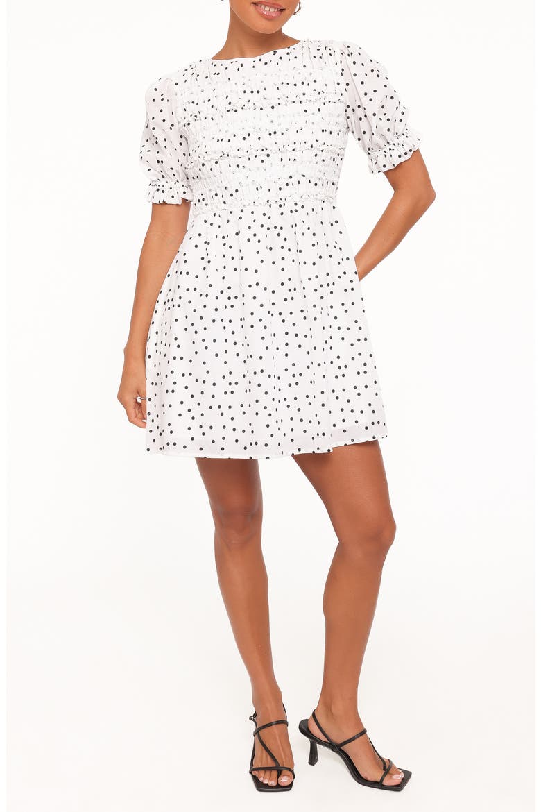 Jaclyn Smocked Minidress, Main, color, WHITE POLKA DOT