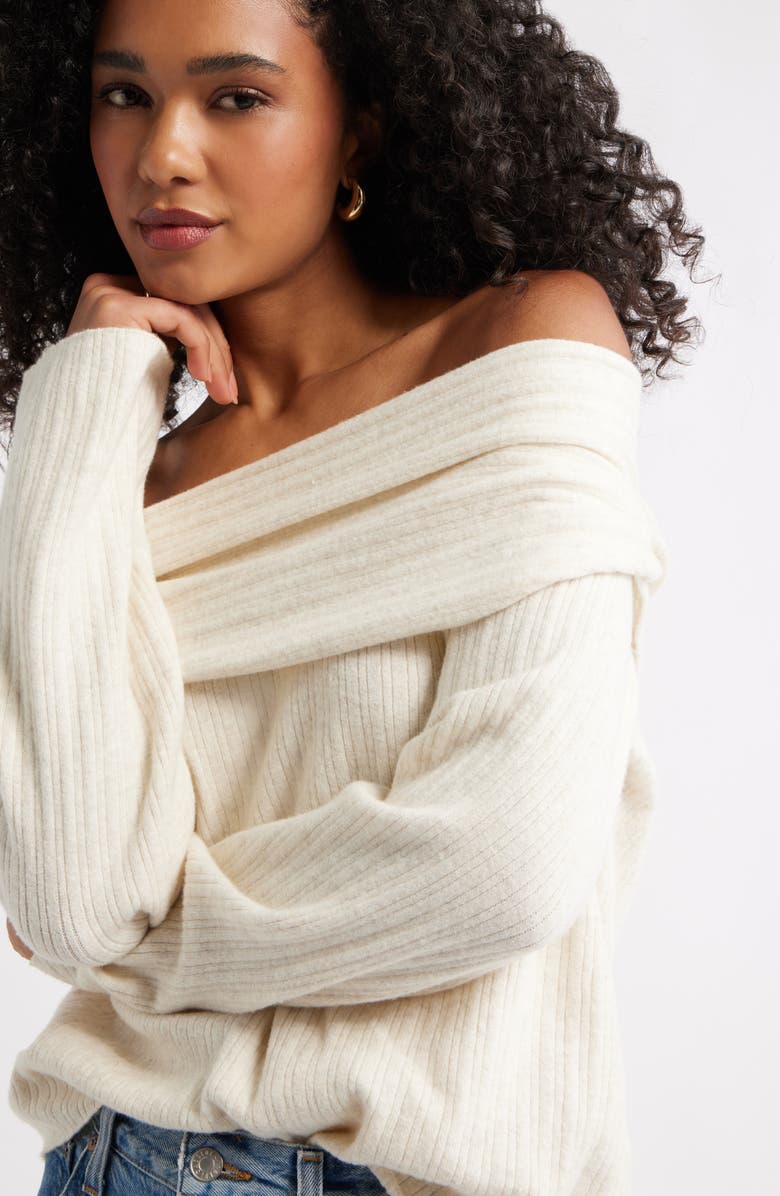 Open Edit Off the Shoulder Sweater, Alternate, color, Beige Oatmeal Light Heather