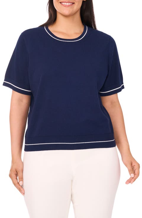 Tipped Short Sleeve Cotton Sweater (Plus)