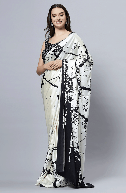 One Minute Saree® Camille Cream Satin Crepe Pre-draped Saree With Black Print