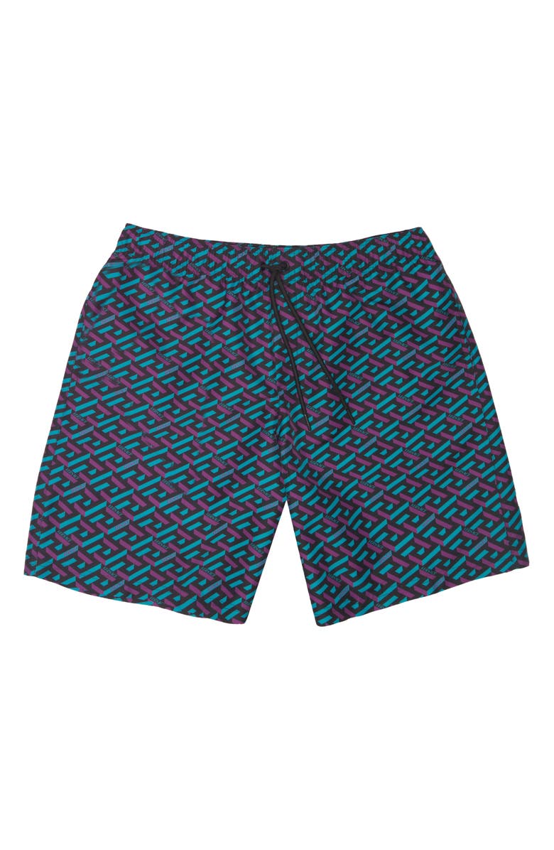 Versace Grecca Print Swim Trunks, Alternate, color, 5G320 Teal Plum