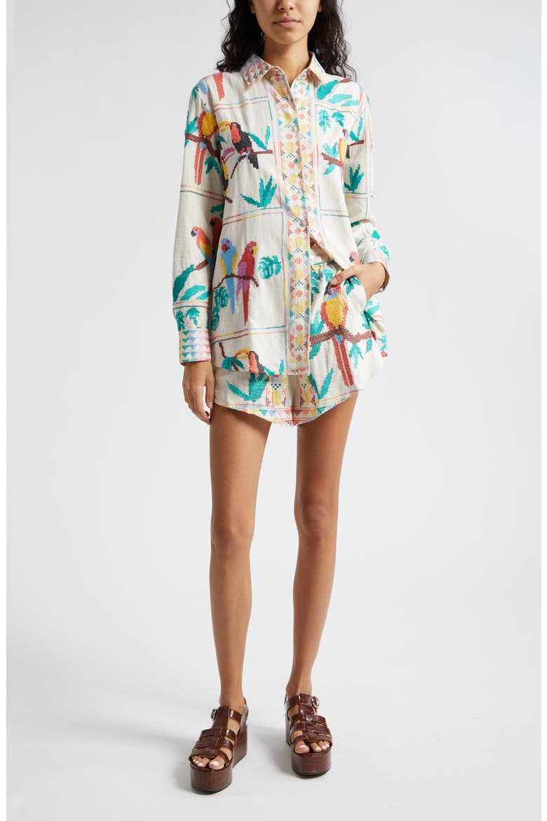 Stitched Birds Pull-On Linen Blend Shorts, Alternate, color, STITCHED BIRDS SCARF OFF-WHITE