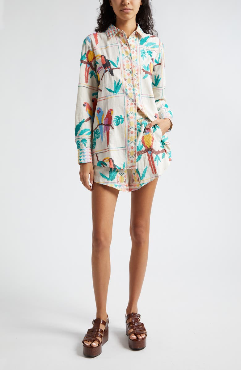 FARM Rio Stitched Birds Pull-On Linen Blend Shorts, Alternate, color, 