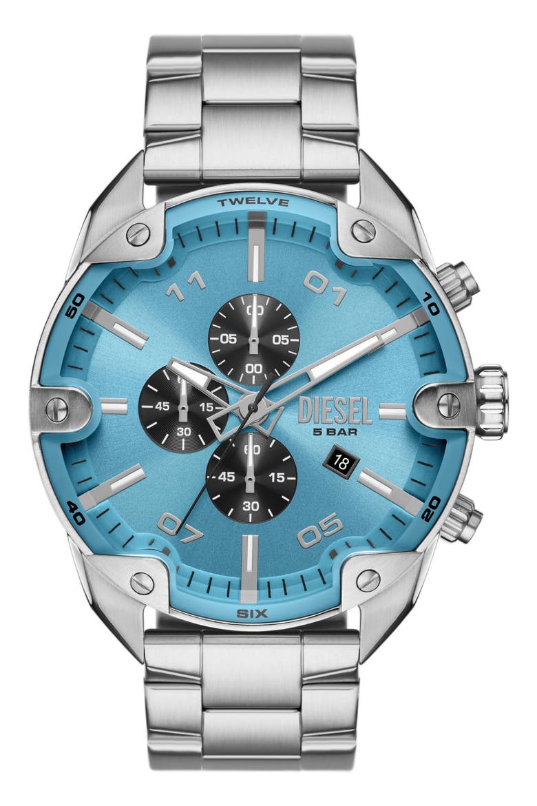 Spiked Blue Chronograph Bracelet Watch, 49mm, Main, color, SILVER