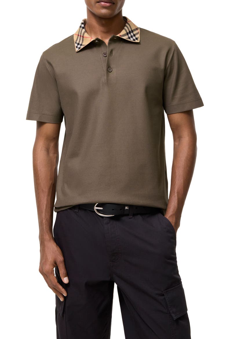 Evan Check Collar Cotton Pique Polo, Main, color, SEPIA BROWN