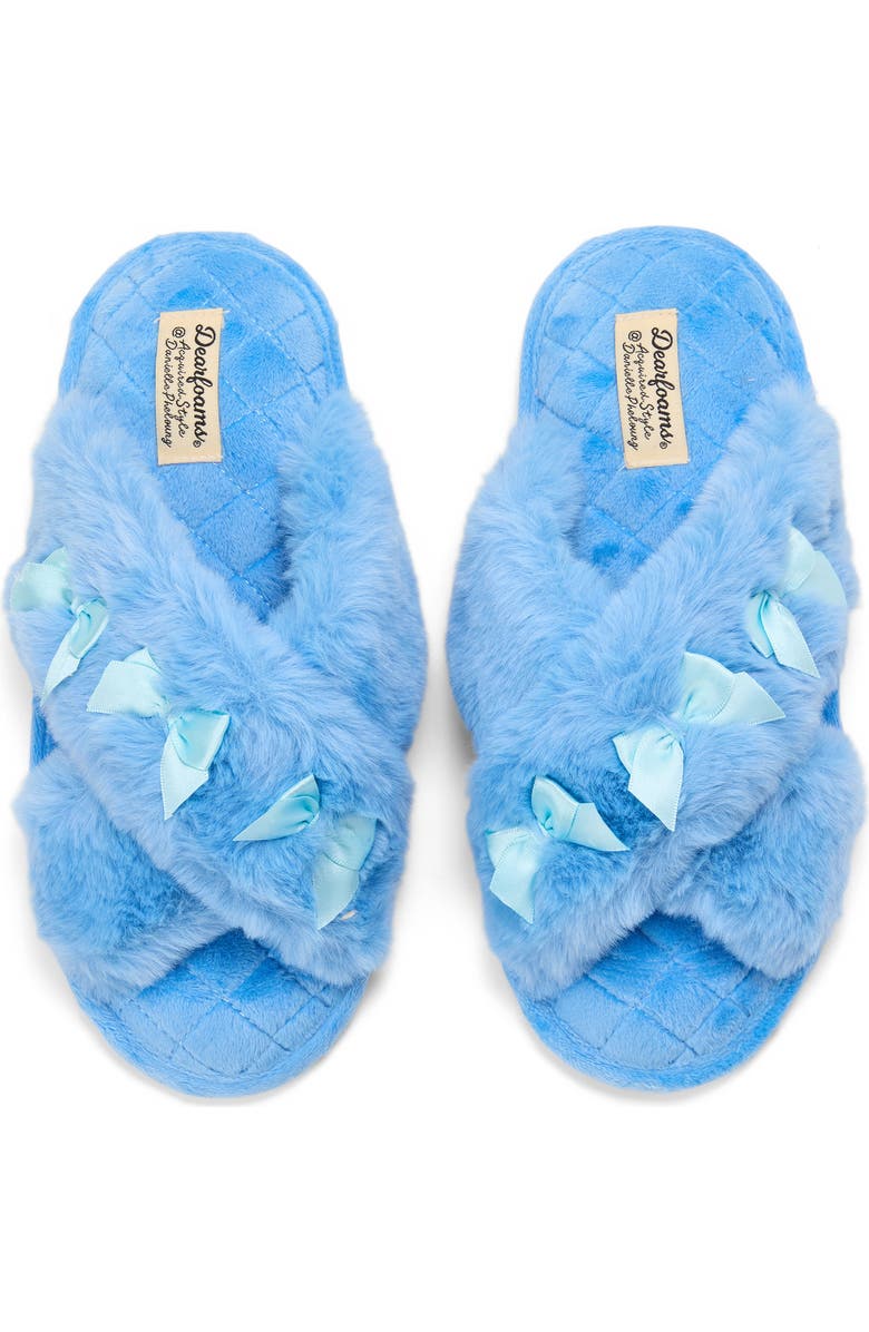 DEARFOAMS Jessica Furry Crossband Slide Slipper, Alternate, color, Cornflower