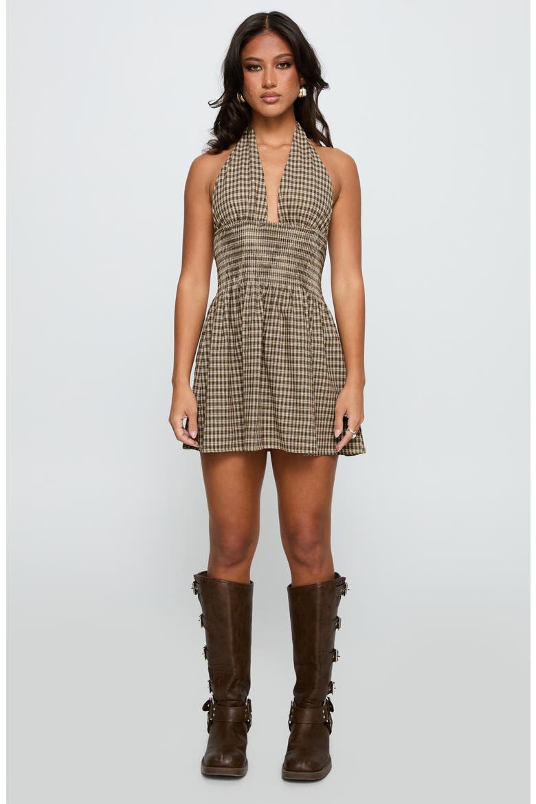 Juanette Check Halter Minidress, Alternate, color, BROWN CHECK