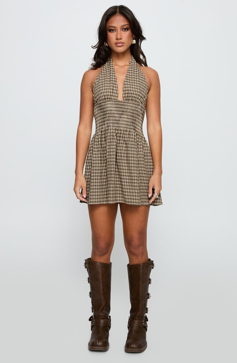 Princess Polly Juanette Check Halter Minidress, Alternate, color, Brown Check