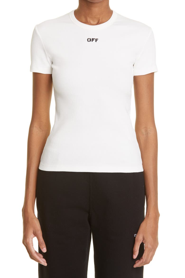 Logo Stamp Rib Stretch Organic Cotton T-Shirt, Main, color, WHITE BLACK