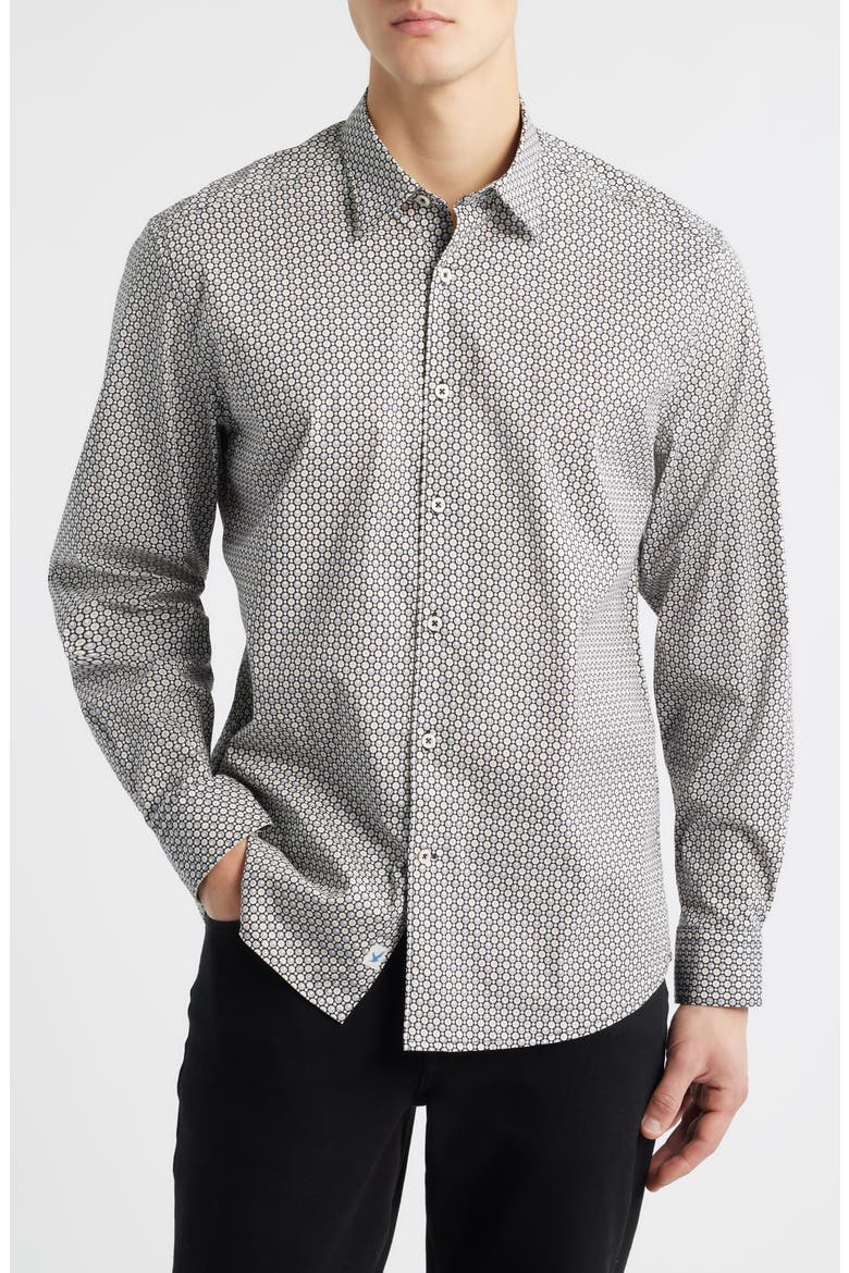 Robo Modern Fit Dot Print Stretch Cotton Button-Up Shirt, Main, color, BLACK