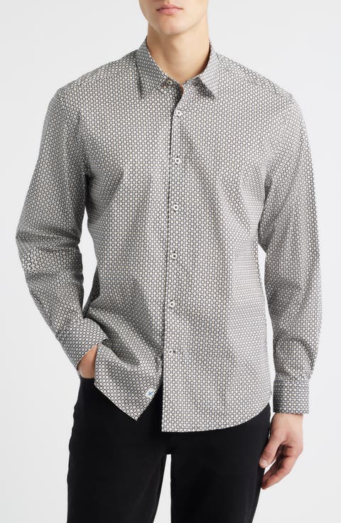 Robo Trim Fit Dot Print Stretch Cotton Button-Up Shirt