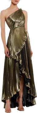 Mac Duggal Pleated Metallic One Shoulder High Low Gown