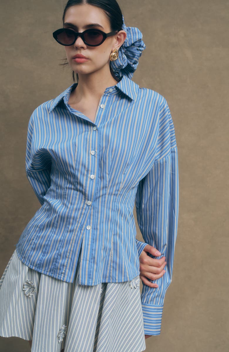 MAUDE CLUB Hadley Pleated Stripe Cotton Blend Button-Up Top, Alternate, color, Blue Stripe