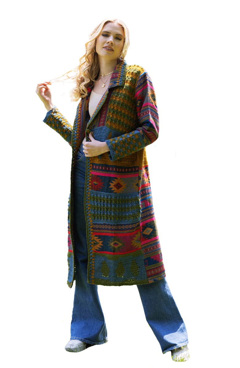SAACHI Geometric Crochet Longline Cardigan, Alternate, color, Green