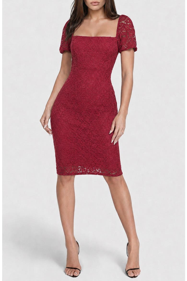Puff Sleeve Lace Midi Dress, Main, color, BURGUNDY
