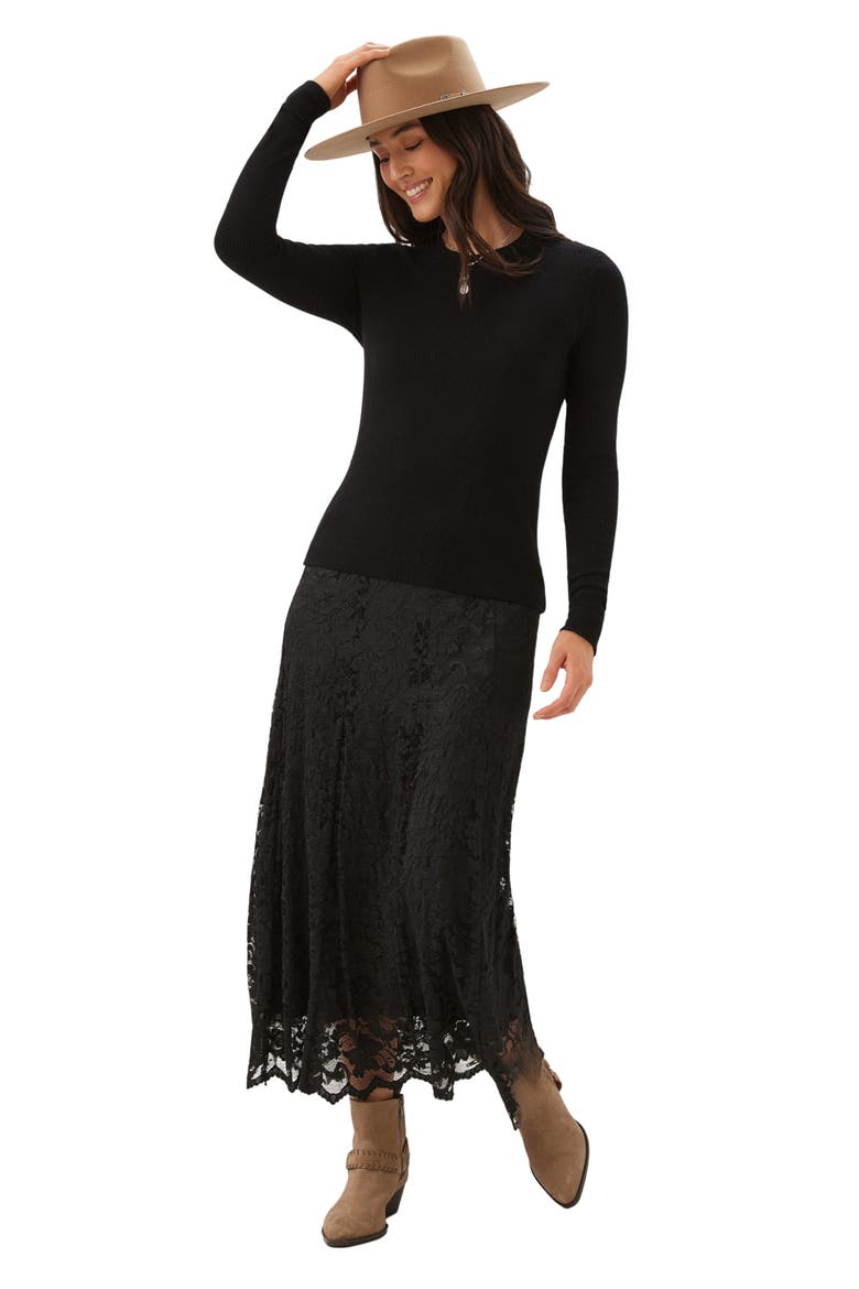 Lace Midi Skirt, Alternate, color, BLACK