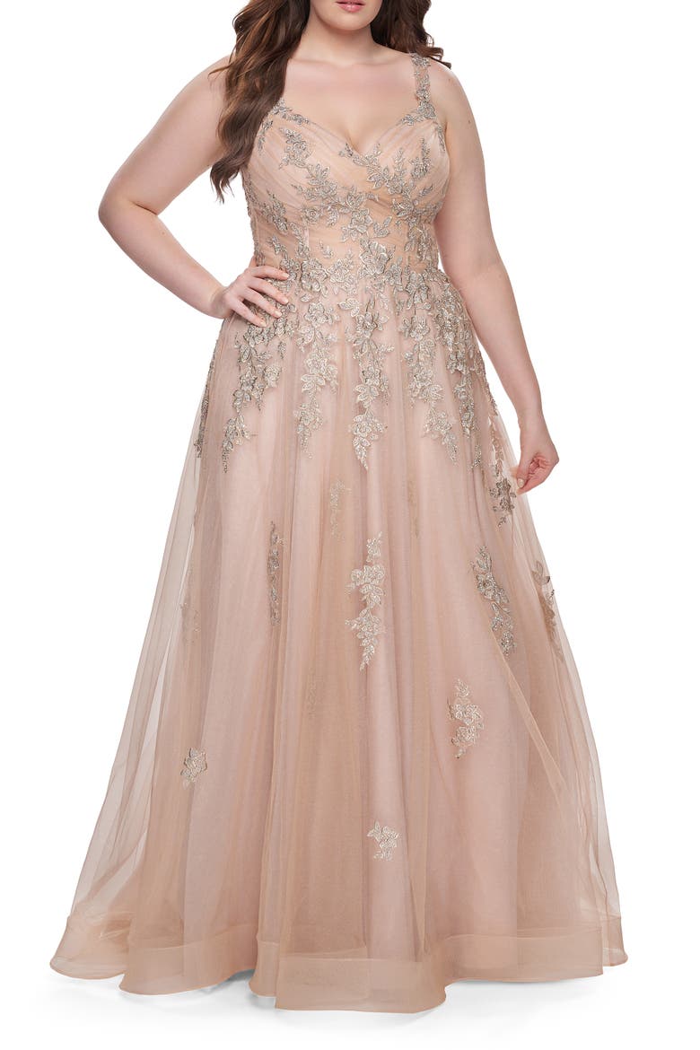 Lace Embellished Tulle A-Line Dress with Illusion Back, Main, color, Champagne